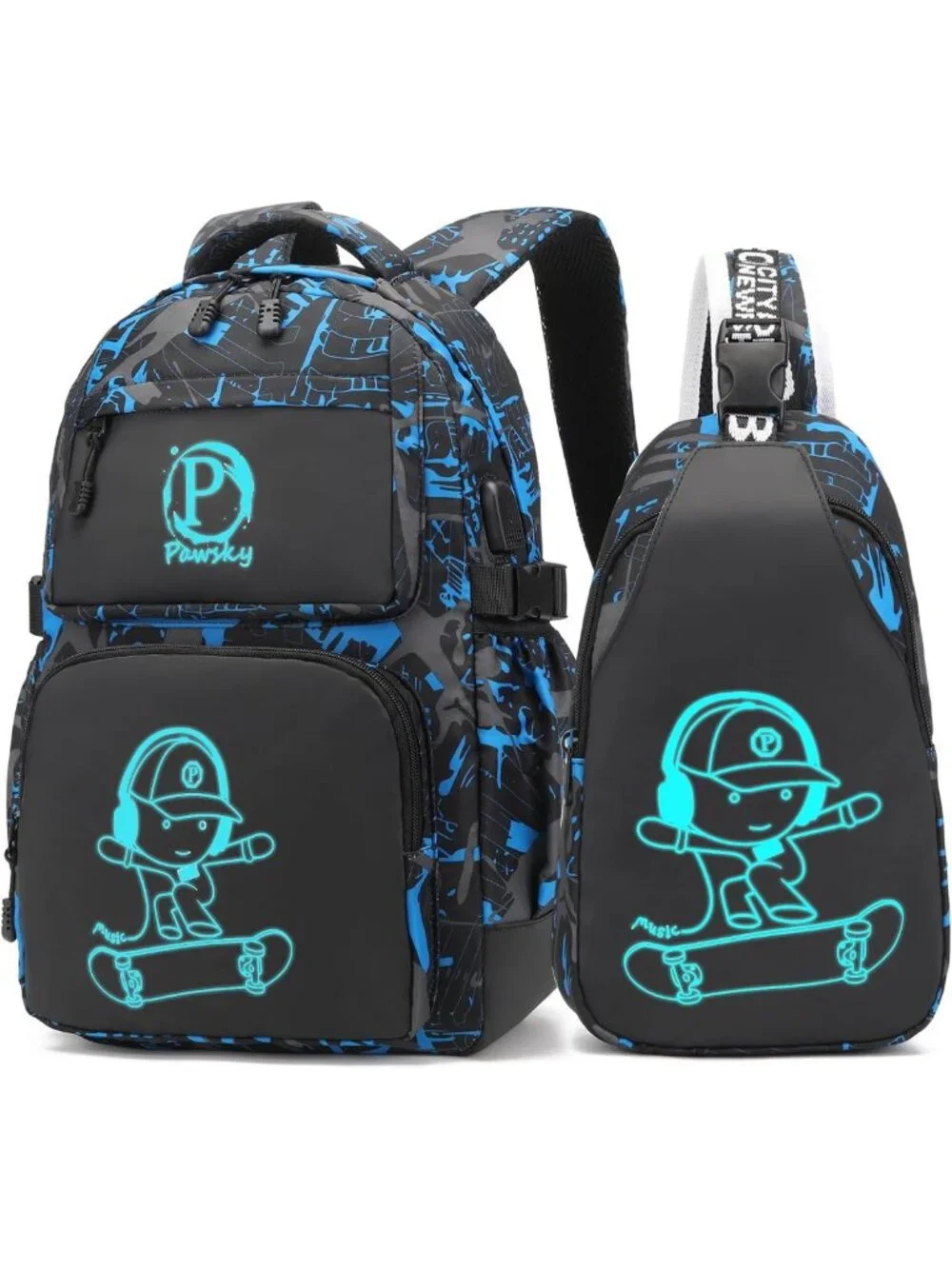 Lightweight School Backpack for Boys, Casual Daypack & Sling Bag Set, Blue